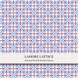 Lahore Lattice Geometriskt Blommönster, Blårött Kakeltryck (Digitalt Papper)