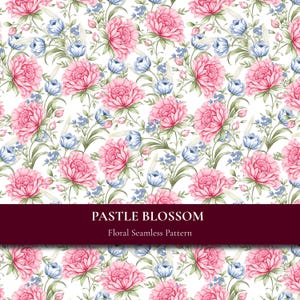 May include: A seamless pattern featuring pink peonies and small blue flowers with green leaves on a white background. A dark maroon horizontal banner across the centre displays the white text PASTLE BLOSSOM and Floral Seamless Pattern.