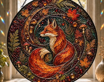 Autumn Suncatcher REAL Stained Glass Window Hanging, Fall Home Decor, Pumpkin Fox Maple Leaf