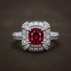 May include: A silver-toned ring featuring a central cushion-cut deep red gemstone surrounded by a double halo of small, clear, round-cut stones. The band is also encrusted with small clear stones, and the setting has four prominent prongs.