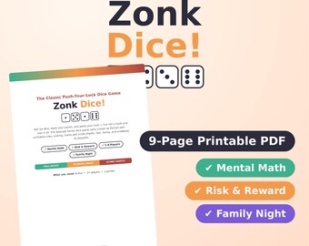 Zonk Farkle Dice Game Printable | Family Dice Game Rules & Score Sheets | Game Night Scoring Chart | Screen Free | Instant Download