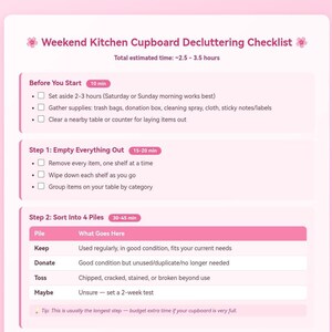 May include: A light pink digital checklist titled Weekend Kitchen Cupboard Decluttering Checklist. It outlines steps including Before You Start, Step 1: Empty Everything Out, and Step 2: Sort Into 4 Piles with categories for Keep, Donate, Toss, and Maybe.