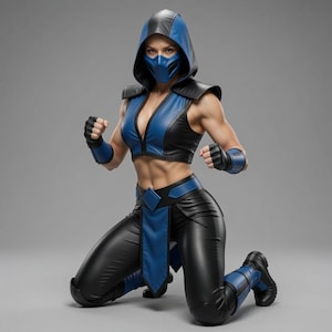 Könnte beinhalten: Ein blau-schwarzes Kostüm mit Kapuze, bestehend aus einer ärmellosen, bauchfreien Weste, passender Leggings und einer Gesichtsmaske. Das Outfit umfasst fingerlose Handschuhe, einen Gürtel mit herabhängendem Teil und kniehohe Stiefel aus glattem Material.