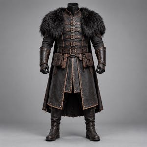 May include: A dark brown long coat featuring a black faux fur collar, multiple front buckle straps, and a waist belt with attached pouches. The garment includes matching forearm bracers and tall boots, all accented with metallic studs and trim.