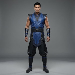Könnte beinhalten: Eine ärmellose blau-schwarze Tunika mit strukturierten Schultern, einem schwarzen Gürtel mit Schnalle, passender schwarzer Hose und schwarzen Unterarmschützern mit blauen Akzenten. Das Outfit hat ein mehrlagiges Design mit dunklen Verzierungen.