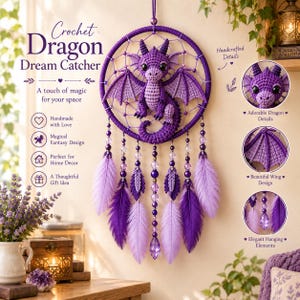 May include: A purple crochet dragon dream catcher featuring a central stuffed dragon figure, a circular frame wrapped in yarn, and hanging strands adorned with purple beads, dark purple crochet leaves, and light purple feathers in various shades.