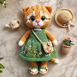 Può includere: Una bambola gatto lavorata a maglia arancione e bianca che indossa un vestito verde con ricami floreali, una piccola borsa a tracolla beige e sandali verdi. Gli accessori includono un annaffiatoio lavorato a maglia, un cappello di paglia e un fiore.