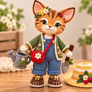 Stickmönster för trädgårdskatt i PDF-format, orange tabbydocka, mönster för kattleksak, trädgårdsdekor, kofta, overaller, solhatt, amigurumi