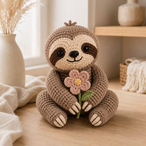 May include: A crocheted sloth stuffed animal in shades of brown and cream, featuring dark brown eye patches, a black nose, and a small smile. The sloth is holding a light pink crocheted flower with a yellow center and a green stem and leaf.