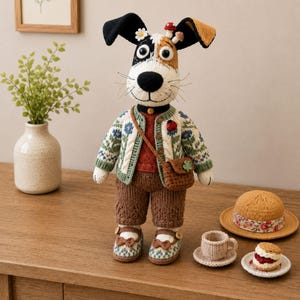 May include: A knitted dog doll with black, white, and tan fur, wearing a cream cardigan with blue flowers, a red sweater, brown shorts, and patterned shoes. It has a small brown crossbody bag, a ladybug pin, and mushroom and daisy hair accessories.