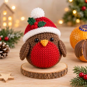 May include: A round, brown, knitted robin bird ornament with a bright red chest, a yellow beak, and black bead eyes. The bird wears a red and white knitted hat topped with a white pom-pom and a small green holly leaf with red berries.