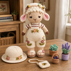 May include: A knitted sheep doll wearing cream overalls with floral embroidery, a striped shirt, and a matching hat with bees and flowers. Accessories include a small cream bag with a bee, a potted succulent, a berry basket, and a lavender plant.
