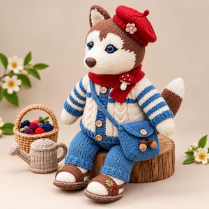 Può includere: Un peluche husky lavorato a maglia che indossa un basco rosso con un piccolo fiore, una sciarpa rossa con una spilla a forma di fungo, un cardigan a trecce color crema e blu, pantaloni blu e sandali marroni. Porta una borsa a tracolla blu.