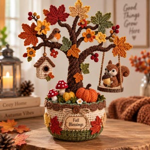 Può includere: Un albero decorativo all'uncinetto a tema autunnale con tronco marrone, foglie d'acero colorate, un uccellino, una casetta per uccelli sospesa e uno scoiattolo su un'altalena. La base è un vaso all'uncinetto con un cartello Fall Blessings.