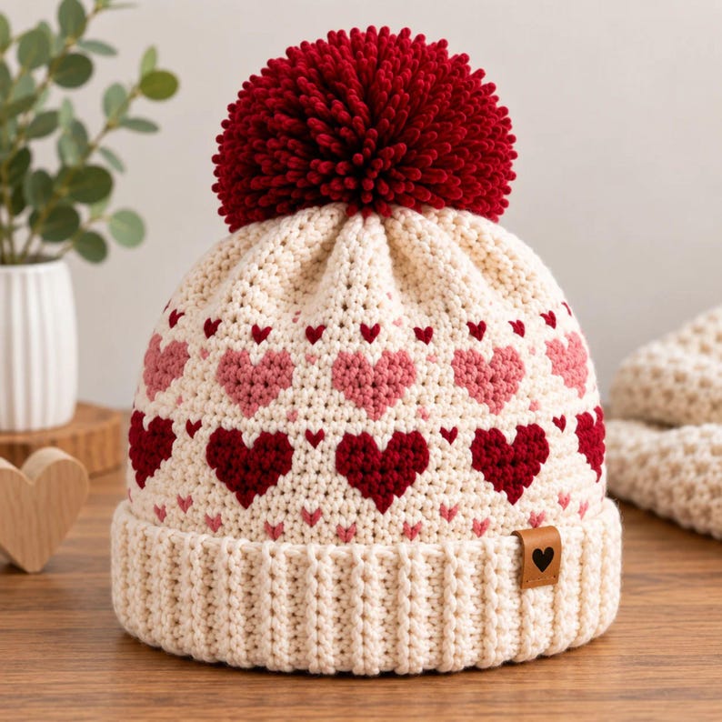 Beanie Hat Crochet Pattern, Sizes Adult, Toddler, Infant, Valentine