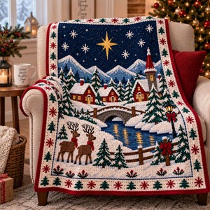 May include: A knit throw blanket featuring a winter village scene with red houses, a stone bridge over a blue stream, two deer, and a large yellow star in a dark blue night sky. The border is decorated with red snowflakes and green pine trees.