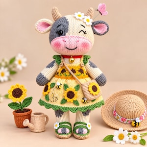 Könnte beinhalten: Eine gehäkelte Kuhpuppe mit zwinkerndem Gesichtsausdruck, bekleidet mit einem gelben Kleid mit Sonnenblumen- und Bienenmotiven, einem roten Halsband mit Glöckchen und grünen Sandalen. Die Puppe trägt ein rosa Schmetterlings-Haaraccessoire und wird von einer Sonnenblume im Topf, einer kleinen Gießkanne und einem Strohhut mit Blumenband begleitet.