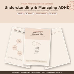 Könnte beinhalten: Ein digitales Arbeitsbuch mit dem Titel Understanding & Managing ADHD mit 25 Seiten im A4-Format. Das Cover ist in Beige und Weiß gehalten und enthält kreisförmige Grafiken, eine Auflistung von Abschnitten wie Identifying Your Triggers sowie Hinweise auf druckbare und ausfüllbare PDF-Optionen.