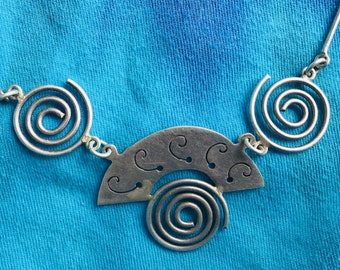 Modernist Mexican Sterling Silver Necklace Spirals