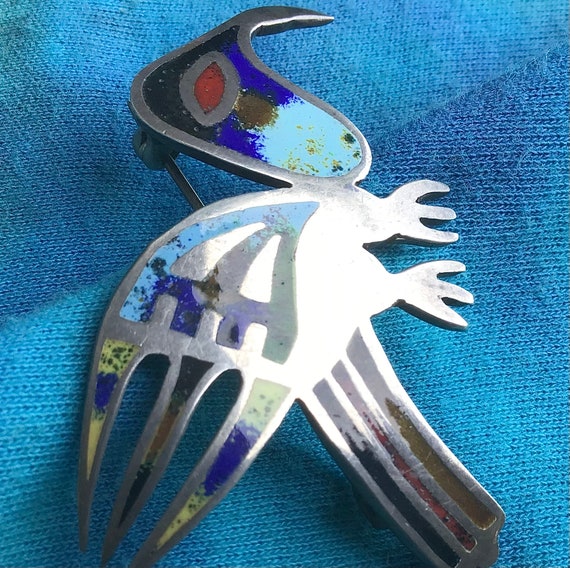 Vintage Peru Sterling Silver & Enamel Bird Peruvi… - image 2