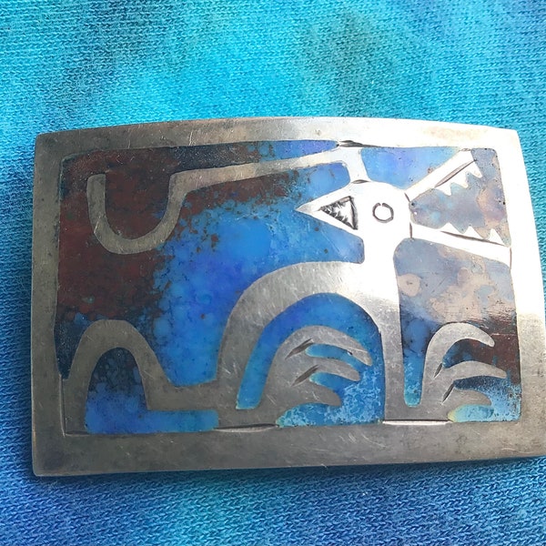 Rare Vintage Laffi Peru Aztec Dog Sterling Silver and Enamel Pin