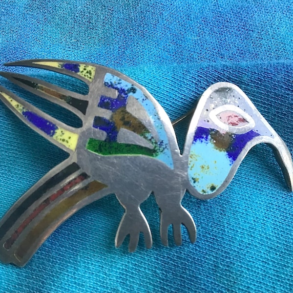 Vintage Peru Sterling Silver & Enamel Bird Peruvian