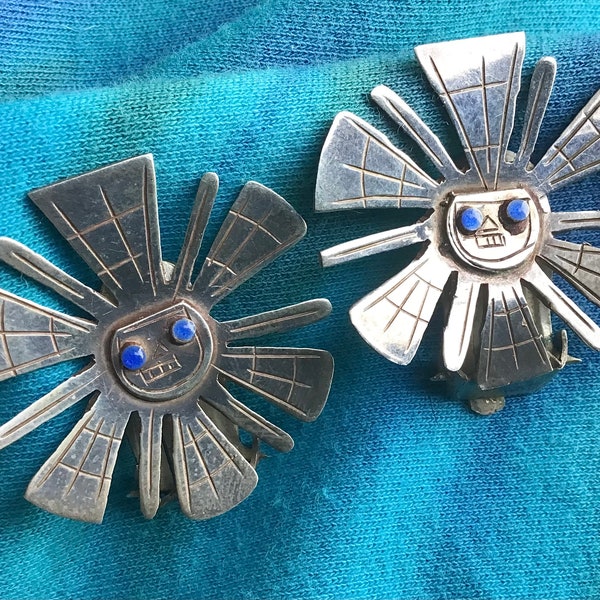 Vintage Peru Sterling Silver & Enamel Sun Earrings Clip-on