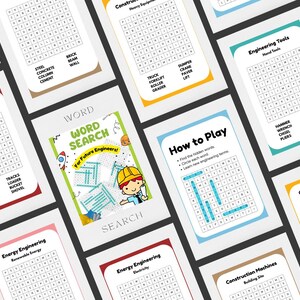 May include: A collection of printable word search activity sheets for children featuring engineering themes. Each page contains a grid of letters, a list of words to find, and titles such as Construction Machines, Engineering Tools, and Energy Engineering.