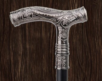 Silver Wolf Head Cane, Flower Handle Fashion Stick, Decorative Cosplay Cane, Halloween Crosier, 93cm