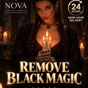 May include: A digital advertisement featuring a person with braided hair holding three lit candles. Text reads: NOVA SPIRITUAL GUIDANCE FOR A BRIGHTER YOU, 24 HOURS SAME HOUR DELIVERY, and REMOVE BLACK MAGIC, accompanied by five gold stars.