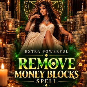 May include: A person with long dark hair wearing a cream-colored off-shoulder dress sits on a gold throne surrounded by stacks of cash and gold bars. The text reads: EXTRA POWERFUL REMOVE MONEY BLOCKS SPELL, with green glowing light effects.