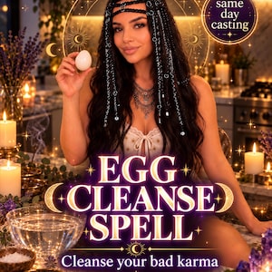 Puede incluir: Una persona con cabello largo y oscuro adornado con trenzas y anillos plateados sostiene un huevo blanco. La imagen muestra el texto EGG CLEANSE SPELL, Cleanse your bad karma y same day casting. Se ven un cuenco de agua, velas y cristales.