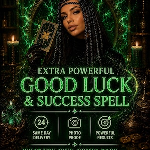 Puede incluir: Un gráfico de temática oscura con una persona sosteniendo una carta con un trébol de cuatro hojas. El texto dice: EXTRA POWERFUL GOOD LUCK & SUCCESS SPELL, 24 SAME DAY DELIVERY, PHOTO PROOF, POWERFUL RESULTS, WHAT YOU GIVE, COMES BACK STRONGER THAN EVER.