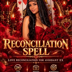 Könnte beinhalten: Eine digitale Grafik mit einer Person mit langem dunklen Haar und Zöpfen in einem roten Kleid vor einer großen Herz-Dame-Spielkarte. Der Text lautet RECONCILIATION SPELL, LOVE RECONCILIATION FOR AVOIDANT EX, 24H DELIVERY, PHOTO PROOF, POWERFUL RESULTS.