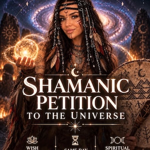 May include: A digital illustration featuring a person with dark hair and tribal markings holding a glowing orb. The text reads SHAMANIC PETITION TO THE UNIVERSE, WISH MANIFESTATION, SAME DAY, and SPIRITUAL PETITION. The background shows a galaxy and stone monoliths.