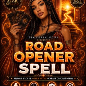 May include: A digital graphic featuring the text EZOTERIA NOVA ROAD OPENER SPELL, REMOVE BLOCKS, OPEN PATHS, CREATE OPPORTUNITIES, FAST RESULTS, SAME DAY CASTING, PHOTO PROOF, FREE RECAST, STAR SELLER, and SAME HOUR DELIVERY with a person holding tarot cards.
