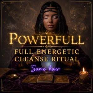 Könnte beinhalten: Eine digitale Grafik mit einer dunkelhaarigen Person mit Kopfschmuck, die Hände auf einer leuchtenden Kristallkugel. Text: POWERFULL FULL ENERGETIC CLEANSE RITUAL Same hour. Tarotkarten, eine brennende Kerze und Räucherwerk auf einem violetten Tuch.