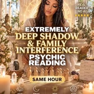 May include: A psychic reading service advertisement featuring text that reads EXTREMELY DEEP SHADOW & FAMILY INTERFERENCE PSYCHIC READING SAME HOUR. The image includes small wooden figures, various clear crystals, lit candles, and a stack of books labeled HEAL, RELEASE, ALIGN, FAMILY, ANCESTRY, YOU.