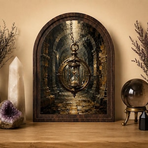 Muurdecoratie met tovenaarszandloper, betoverende uurwerk canvasprint, gotische kasteelmagie decoratie, heksenachtige Dark Academia woondecoratie