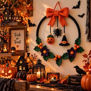 May include: A circular crochet wreath featuring a large orange bow at the top, with hanging ornaments including a black spider, a small orange jack-o'-lantern, and a black witch hat. The wreath is decorated with green leaves, purple flowers, and orange berries.
