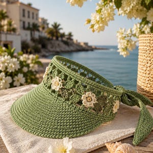 Crochet Sun Visor Hat with Flowers – Handmade Floral Summer Beach Visor – Adjustable Tie-Back Cap for Women