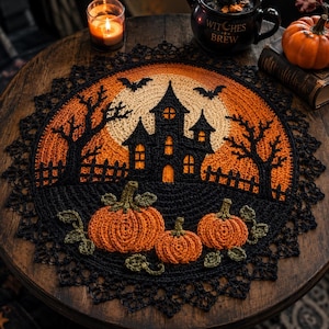 May include: A round crochet doily featuring a black haunted house silhouette against a large orange moon, surrounded by bare trees, bats, and a fence. The foreground displays three orange pumpkins with green stems and leaves, all bordered by a black lace edge.