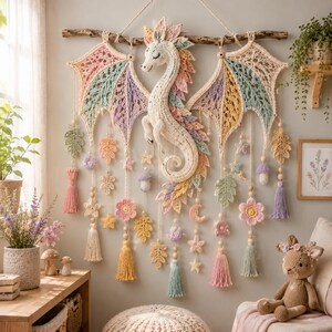 Fantasy Forest Guardian Wall Hanging Crochet PATTERN – Dragon Seahorse Lace Wing Nursery Decor, Boho Woodland Amigurumi Tutorial