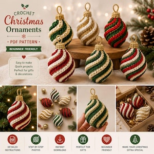 Könnte beinhalten: Eine Sammlung von gehäkelten Weihnachtsschmuckstücken mit Spiralmustern aus rotem, grünem, weißem und goldenem Garn. Die Ornamente haben goldfarbene Aufhängeschlaufen. Das Bild enthält Text wie Crochet Christmas Ornaments PDF Pattern.