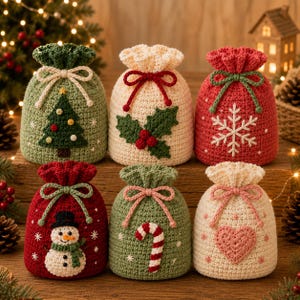 May include: Six small drawstring pouches made of crocheted yarn, each featuring a unique holiday design including a Christmas tree, holly leaves, a snowflake, a snowman, a candy cane, and a heart, all tied with matching braided yarn cords.