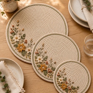 Op de afbeelding: Drie ronde, crèmekleurige gehaakte placemats van verschillende groottes, elk voorzien van een decoratieve rand van geborduurde bloemen in tinten geel, wit en groen, gerangschikt in een cluster langs de rand van elke mat.