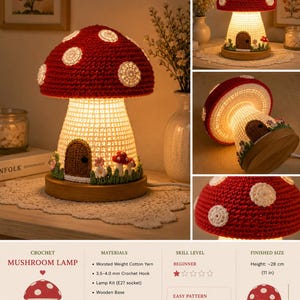 Puede incluir: Una lámpara de hongo tejida a ganchillo con sombrero rojo de puntos blancos y tallo color crema con una pequeña puerta marrón. La lámpara se asienta sobre una base circular de madera y emite una luz cálida. Incluye el texto Crochet Mushroom Lamp.