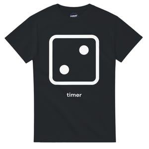 May include: A black short-sleeved t-shirt featuring a white graphic of a square die showing the number two. Below the die, the word "timer" is printed in white lowercase letters. The inner neck label displays the brand name "FORAY" in white.