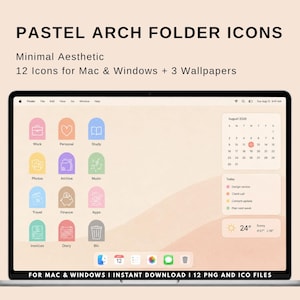 May include: A digital display showing pastel arch folder icons with text labels like Work, Personal, and Study. The screen features a calendar, a task list, and weather information. Text reads: PASTEL ARCH FOLDER ICONS, 12 Icons for Mac & Windows + 3 Wallpapers.