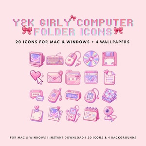 Puede incluir: Una colección digital de 20 iconos de carpeta de ordenador en pixel art y 4 fondos de pantalla en tonos rosas. El texto dice Y2K GIRLY COMPUTER FOLDER ICONS, 20 ICONS FOR MAC & WINDOWS + 4 WALLPAPERS, y FOR MAC & WINDOWS | INSTANT DOWNLOAD | 20 ICONS & 4 BACKGROUNDS.
